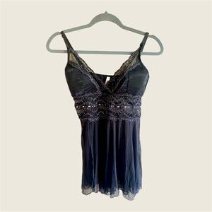 Whimsy Women Babydoll L Black Chemise Beaded Sheer Lace Lingerie‎ Slip Dress